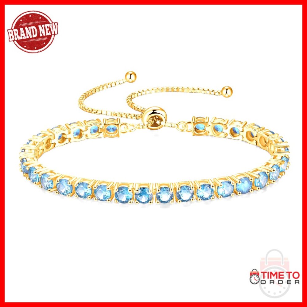 Sterling Silver Gold Plated Tennis Bracelet With Aquamarine Birthstone